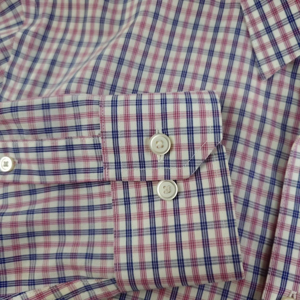 Banana Republic Shirt Mens Large Untucked Fit Non Iron Blue Pink Check Button